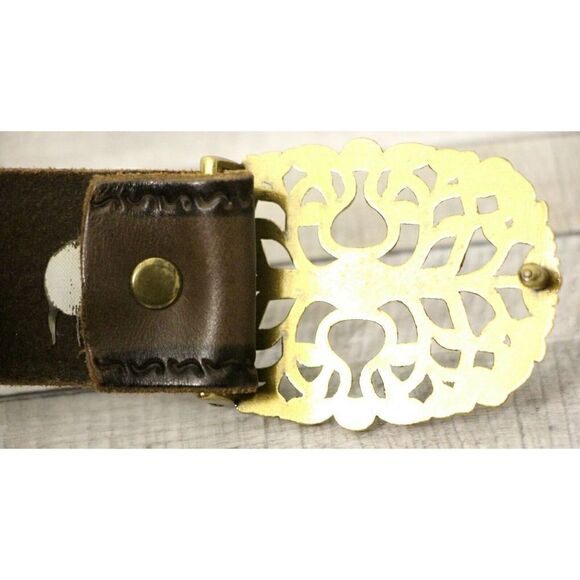 BROWN GENUINE LEATHER HOOK BUCKLE EMBOSSED CASUAL 1.5"Wd WOMEN'S BELT S/M (M37 - Picture 8 of 9